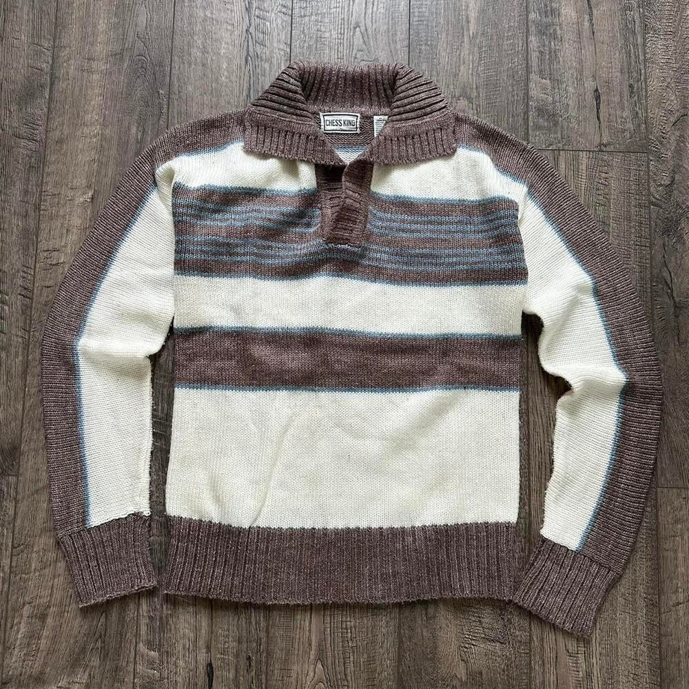 Vintage 70s Striped Collar Rugby Preppy Knit Sweater Longsleeve Pullover - Picture 4 of 7